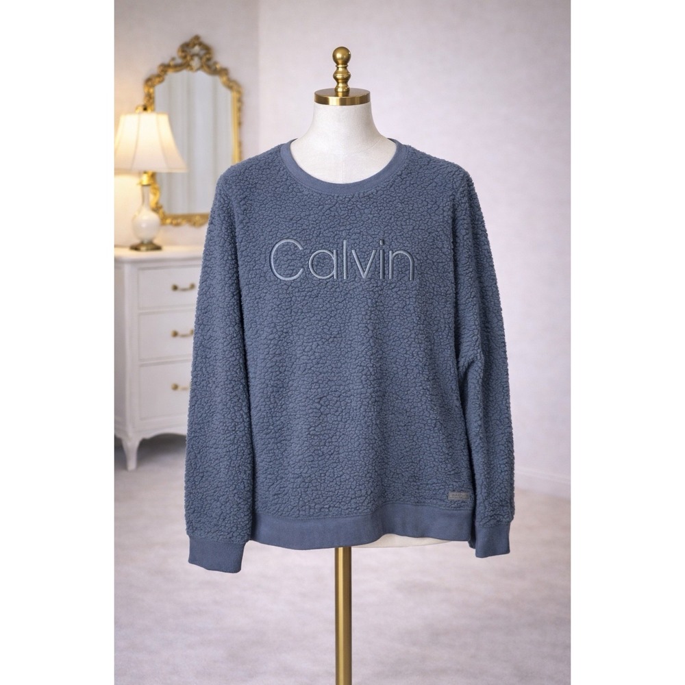 CALVIN KLEIN Blue Sherpa Fleece Fuzzy Crew Neck Sweatshirt Plush‎ Women's Size L